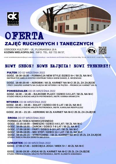 OFERTA ZAJĘĆ RUCHOWYCH I TANECZNYCH W OŚRODKU KULTURY KOŹMIN WIELKOPOLSKI 2022/ 2023